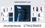 Independence day poster, hand with torch, presentation, banner. Statue of Liberty, set of flat blue design templates. USA flag, holiday. Symbol of America. New York. Advertising text header, vector