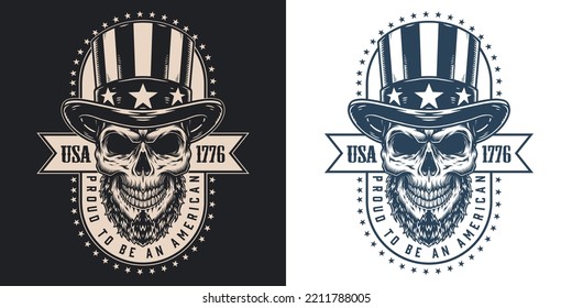 Independence Day Poster Monochrome Vintage With Skull American In Patriot Hat Who Is Proud 4th Of July Holiday Vector Illustration