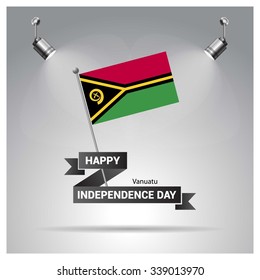 Independence Day poster. Ribbon banner with typography Happy Independence Day, Vanuatu independence day poster Template. spotlights on flag