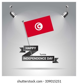 Independence Day poster. Ribbon banner with typography Happy Independence Day, Tunisia independence day poster Template. spotlights on flag