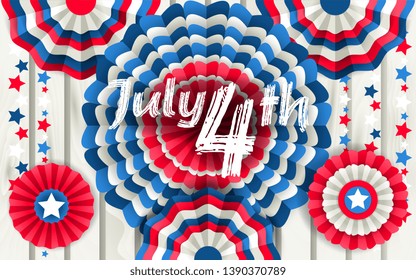 Independence Day poster with round paper fans for wall hanging decoration, red, blue and white.