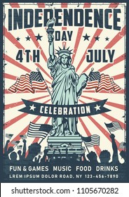 Independence day poster with statue of liberty. Vintage vector illustration