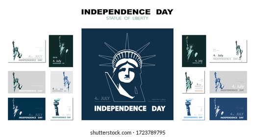 Independence Day, presentation. Statue of Liberty, set of colorful flat design templates. USA. Holiday. National symbol of America. New York. Information banner. Name of the ad text, poster, vector