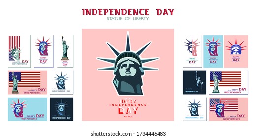 Unabhängigkeitstag, Präsentation. Freiheitsstatue, Satz farbiger flacher Designvorlagen. USA Holiday. Symbol Amerikas. New York. Informationsbanner. Titel, Poster, farbig, Vektor