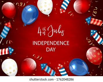 Independence day red background and lettering 4th of July with balloons and rocket fireworks. Independence day Theme. Illustration can be used for holiday design, cards, posters, banners.