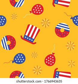 patrón relacionado con el día de la independencia con donuts, corazones, sombreros, globos y fuegos artificiales con ilustración vectorial de fondo amarillo plano 