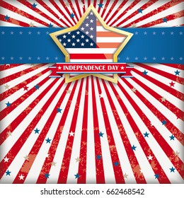 Independence day retro flyer with blue banner and golden star. Eps 10 vector file.