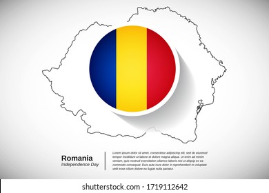 Día de la Independencia de Rumania. Bandera nacional creativa de Rumania con mapa esquemático. Ilustración vectorial de la tarjeta de felicitación clásica o del banner