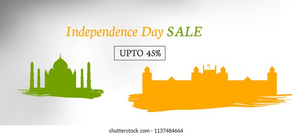 Independence day sale banner design and illustration with red fort and taj mahal colored silhouette. vector banner.