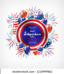Independence Day sale banner with golden stars anf flag. Vector