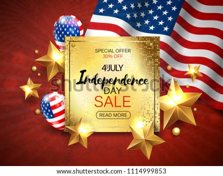 Independence Day sale banner with golden stars anf flag. Vector