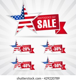 Independence Day Sale discount labels vector illustration with star in national flag colors and red ribbon. Independence day USA SALE. Sale discount label -20%, -30%, -40%, -50%