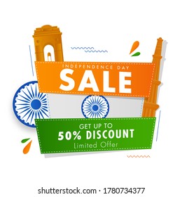 Independence Day Sale Label, Poster Design With 50% Discount Offer, Ashoka Wheel And Famous Monument On White Background.