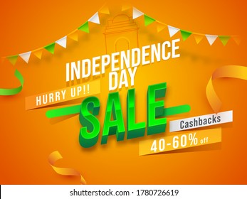 Independence Day Sale Poster Design With 40-60% Discount Offer And Ribbons On Saffron Background.