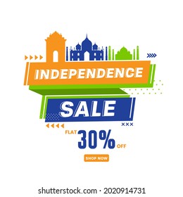 Independence Day Sale Poster Design With 30% Discount Offer And Famous Monument On White Background.