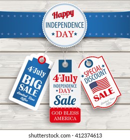 Independence day sale price stickers with blue banner on the wooden background. Eps 10 vector file.