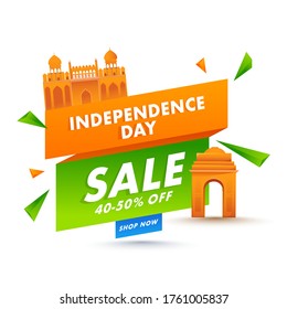 Independence Day Sale Ribbon with 40-50% Discount Offer, 3D Triangle Elements and India Famous Monuments on White Background.