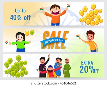 Independence Day Sale website header or banner set, Upto 40% Off, Extra Discount Offer, Vector illustration with cute kids characters and balloons.