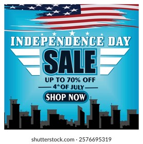 Independence Day sales posters feature stars, stripes, and American flag designs. Promoting up to seventy percent off offers for the 4th of July. Flat vector modern illustration 