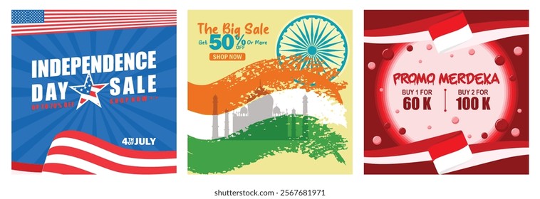 Independence Day sales promotion advertisement. Indian national flag with Ashoka chakra and Taj Mahal.Shopping promotions with discounts of up to 50%. Independence Day sale concept. 