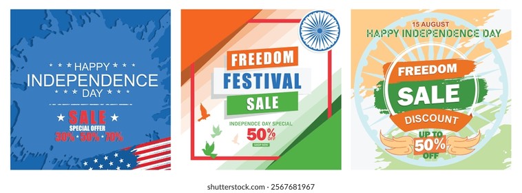 Independence day sales promotion. Discount offers up to 50%. Commemorating India's Independence Day. August 15. Independence Day sale concept. Set flat vector illustration.