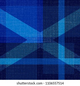 Independence Day of Scotland. 24 June. Concept of a national holiday. Scottish blue tartan. Silhouette of the Scottish flag - white cross. Checkered woolen fabric, with national pattern, kilt