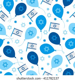 Independence Day seamless pattern with balloons, Israel flags and Jewish star on white background. Perfect for wallpaper, wrapping paper, textile, web page background, greeting cards