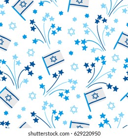 Independence Day seamless pattern with firework, Israel flags and Jewish star on white background. Perfect for wallpaper, wrapping paper, textile, web page background, greeting cards