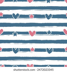 Independence day seamless pattern with heart, star and stripe. 4th of July design. Red and blue. Cartoon vector