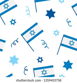 Independence Day seamless pattern with Jewish star, Israel flags. White background for the design of posters, wallpaper, wrapping paper, textile, web page background, greeting cards. Bar mitzvah Jewis