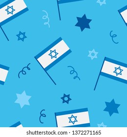Independence Day seamless pattern with Jewish star, Israel flags on white background. Background for the design of posters, wallpaper, wrapping paper, textile, web page background, greeting cards. 