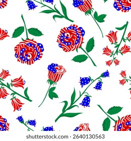 independence day seamless pattern patriotic roses colors of usa flag flowers bells on white background celebration decor web design wallpaper