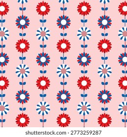 Independence Day seamless pattern.Floral repeat pattern with blue, red and white flowers isolated on light red background.Vector graphic illustration background wallpaper.