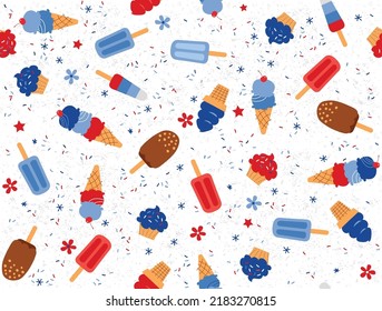 Independence Day seamless vector pattern with American cupcakes and ice cream treats. Popsicle for 4th of July. Patriotic background.