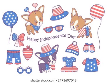 Unabhängigkeitstag festgelegt. Süße Festhunde chihuahua mit patriotischen Kleidern, Accessoires, Luftballons, Party-Dekorationen in amerikanischen Flaggenfarben. Cartoon lustiges kawaii Haustier. Isolierte Vektorillustrationen