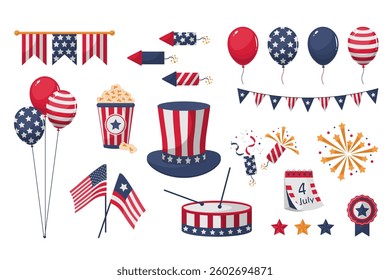 Independence day set in flat cartoon design. Collection graphic elements with american symbols, national colors flags, garlands, balloons, patriotic emblems, hat, stars, other. Vector illustration.