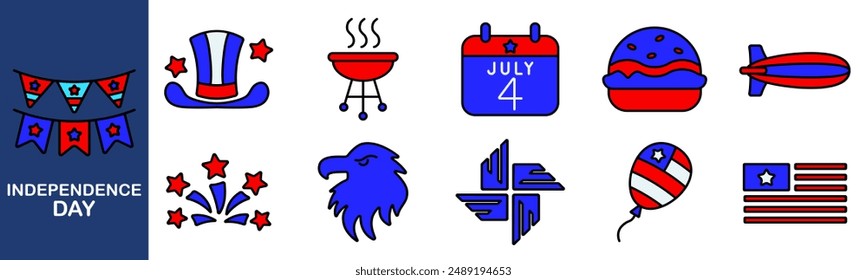 Independence Day set icon. Hat, barbecue, calendar, burger, blimp, fireworks, eagle, badge, balloon, flag, July 4th, USA.