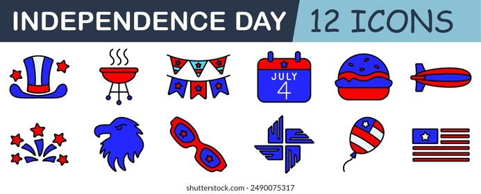 Independence Day set icon. Hat, grill, bunting, calendar, burger, flag, fireworks, eagle, glasses, badge, balloon, celebration, USA, holiday, patriotism, July 4th, barbecue.
