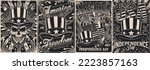 Independence Day set posters monochrome vintage skull in hat US flags and Statue Liberty symbolize 4th July holiday vector illustration