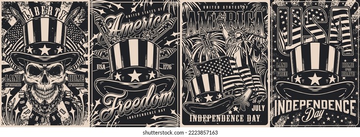 Independence Day set posters monochrome vintage skull in hat US flags and Statue Liberty symbolize 4th July holiday vector illustration