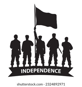 independence day silhouette for a group of soldiers raising flag Soldiers and flag on white background, vector illustration Army forces July October victory 