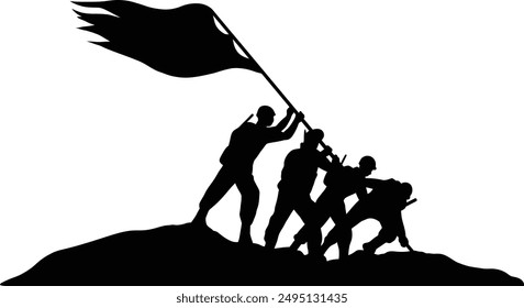 Silueta del día de la independencia para un grupo de soldados izando la bandera Soldados y la bandera sobre fondo blanco, fuerzas del Ejército de Ilustración vectorial