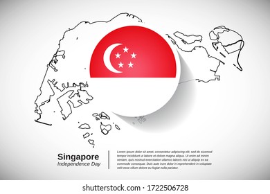 Independence day of Singapore. Artistic national country flag of Singapore with outline map. Classic greeting card or banner vector illustration