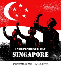Independence Day of Singapore, Illustration of people raising fists on flag of Singapore as a background.