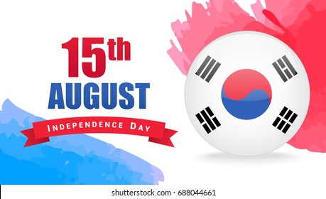 Independence Day of South Korea on 15th August banner vector illustration. South Korea flag button on watercolor brush stroke.
