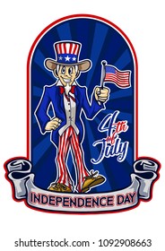 Independence Day Standing Uncle Sam Bring American'c Flag Vector Emblem,Logos,Badge