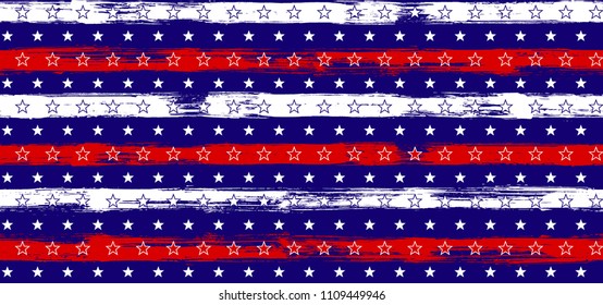 Independence day Stars and Stripes Abstract Seamless Pattern in USA Flag Colors. American Independence Day vector of blue red white stars and stripes grunge background for holiday flyer.
