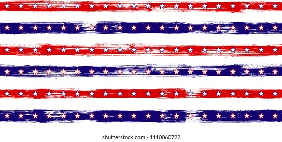 Independence day Stars and Stripes Bright Seamless Vector Pattern in USA Flag Colors. American Independence Day vector of blue red white stars and stripes grunge background for holiday banner.