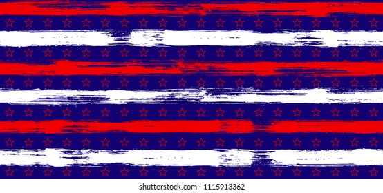 Independence day Stars and Stripes Geometric Seamless Pattern in USA Flag Colors. American Independence Day vector of blue red white stars and stripes grunge background for holiday design.