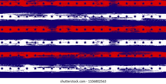 Independence day Stars and Stripes Horizontal Seamless Pattern in USA Flag Colors. American Independence Day vector of blue red white stars and stripes grunge background for holiday flyer.